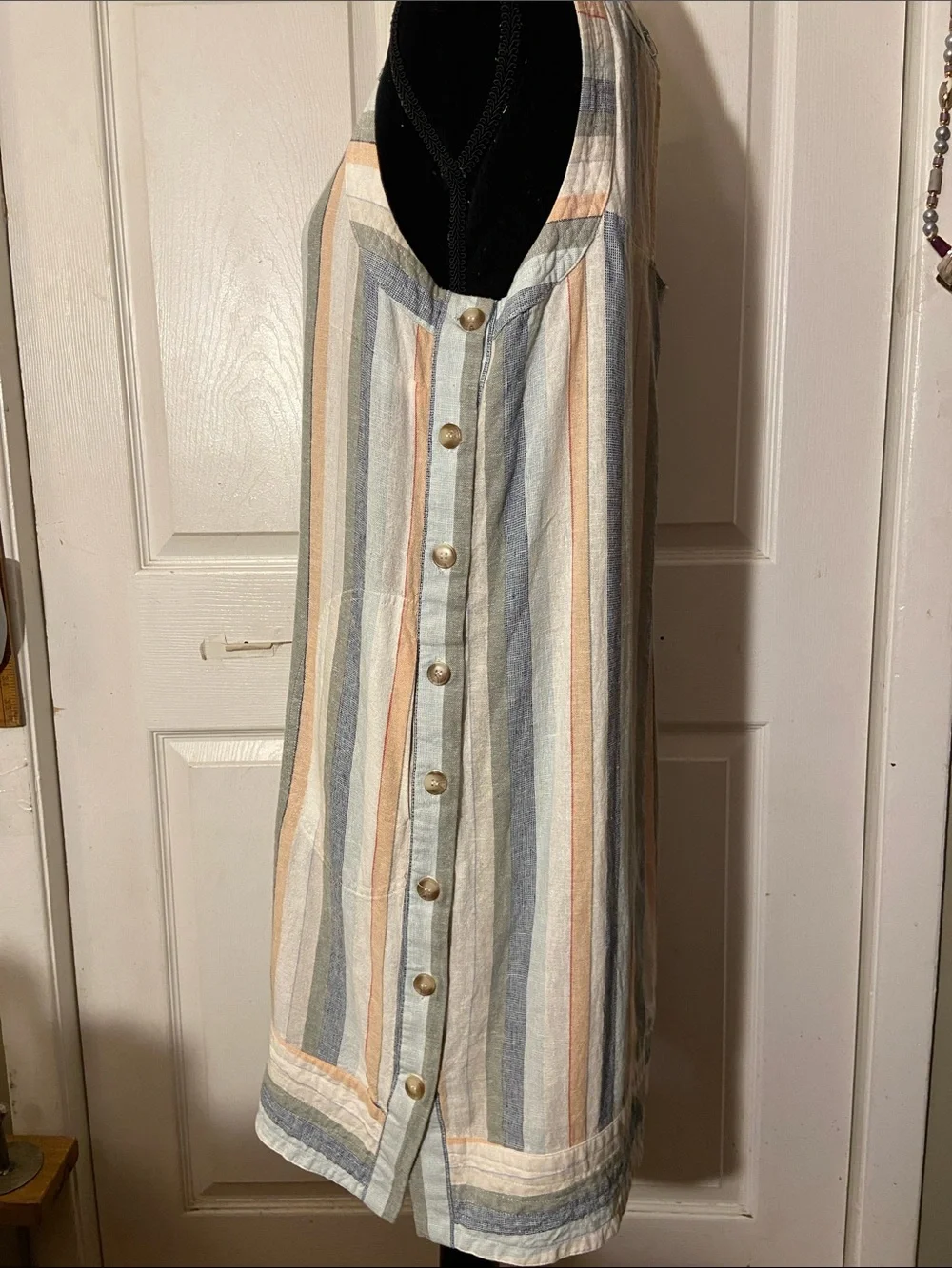 For Cynthia Striped Midi Sleeveless Dress Linen Blend sz L Side Button Closure